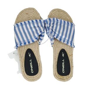 NEW O'Neill Slip On Slide Espadrille Sandals Sz 6 Blue White Stripe Jute Sole